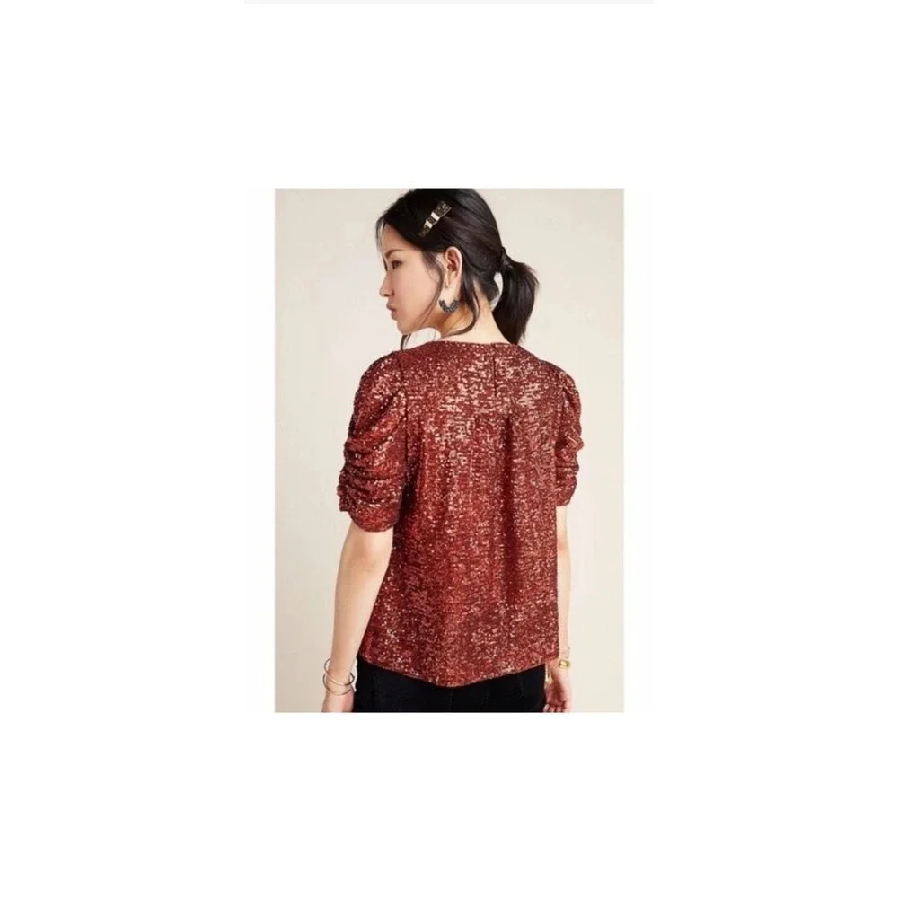 Anthropologie Marie Sequined Top Sz 2 Copper $120 Christmas Sparkle Rust NYE - Picture 4 of 13